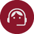 A circular maroon icon featuring a white outline of a customer service headset with microphone, representing support or communication service. 