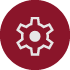 A circular maroon icon featuring a white outline of a gear or cog wheel, representing configuration. 