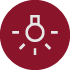 A circular maroon icon featuring a white outline of a lightbulb with radiating lines, representing brightness or light. 