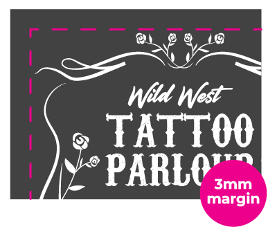 Wild West tattoo parlour design with 3mm bleed margin showing professional printing specifications