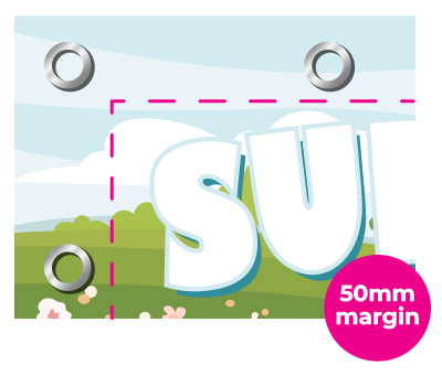 Banner design with eyelets and 50mm margin showing large format printing specifications