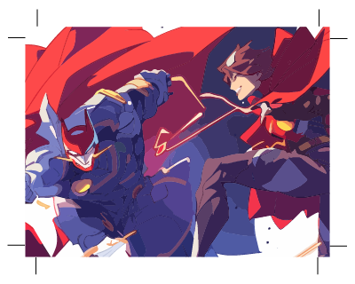 Anime battle scene print design with crop marks showing professional artwork preparation