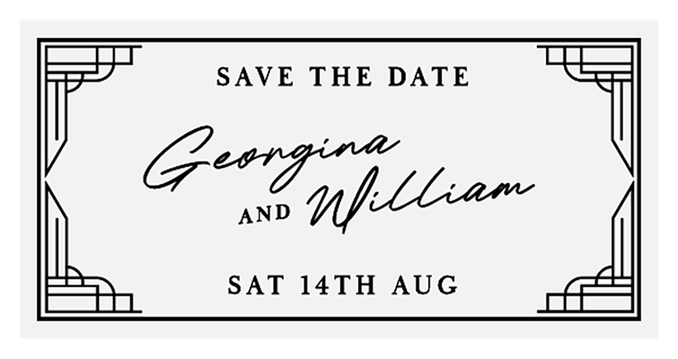 Art deco save the date wedding invitation design with elegant black border frame