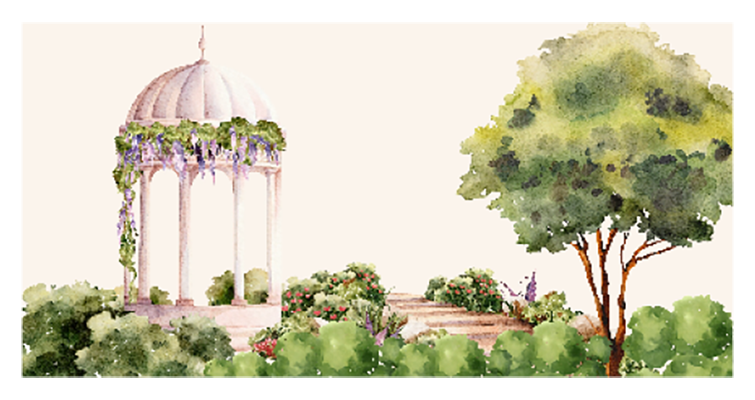 Watercolour garden gazebo illustration with trees perfect for romantic wedding invitation designs