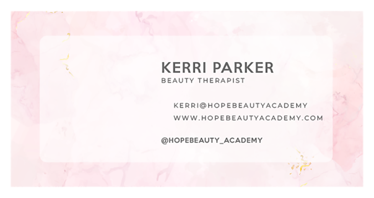 Kerri Parker beauty therapist business card with pink watercolour background and contact details