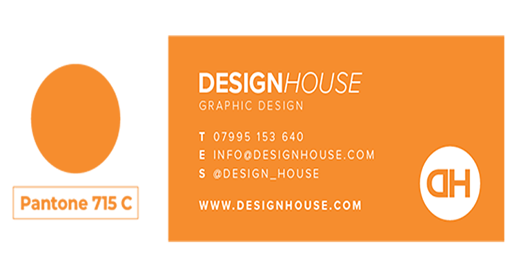 Design House orange business card with Pantone 715C colour reference and contact information