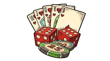 Royal flush poker hand illustration with red dice and casino chips for gambling graphics