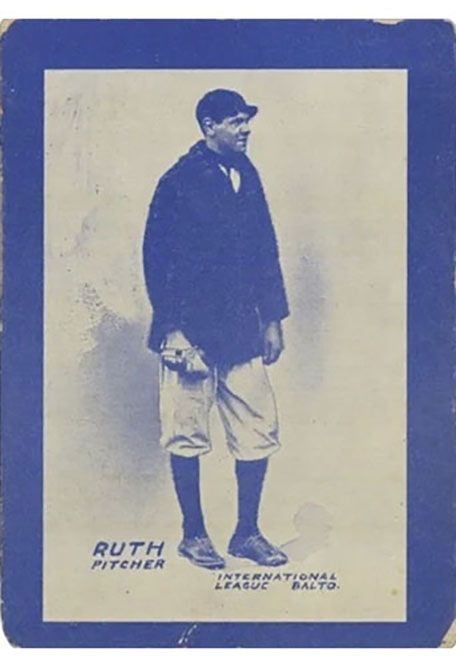 Vintage Babe Ruth pitcher baseball card International League Baltimore blue border design
