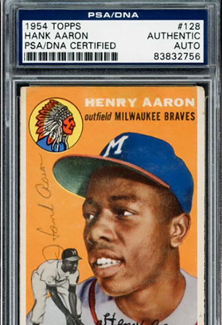 PSA authenticated 1954 Topps Hank Aaron rookie card Milwaukee Braves orange background design