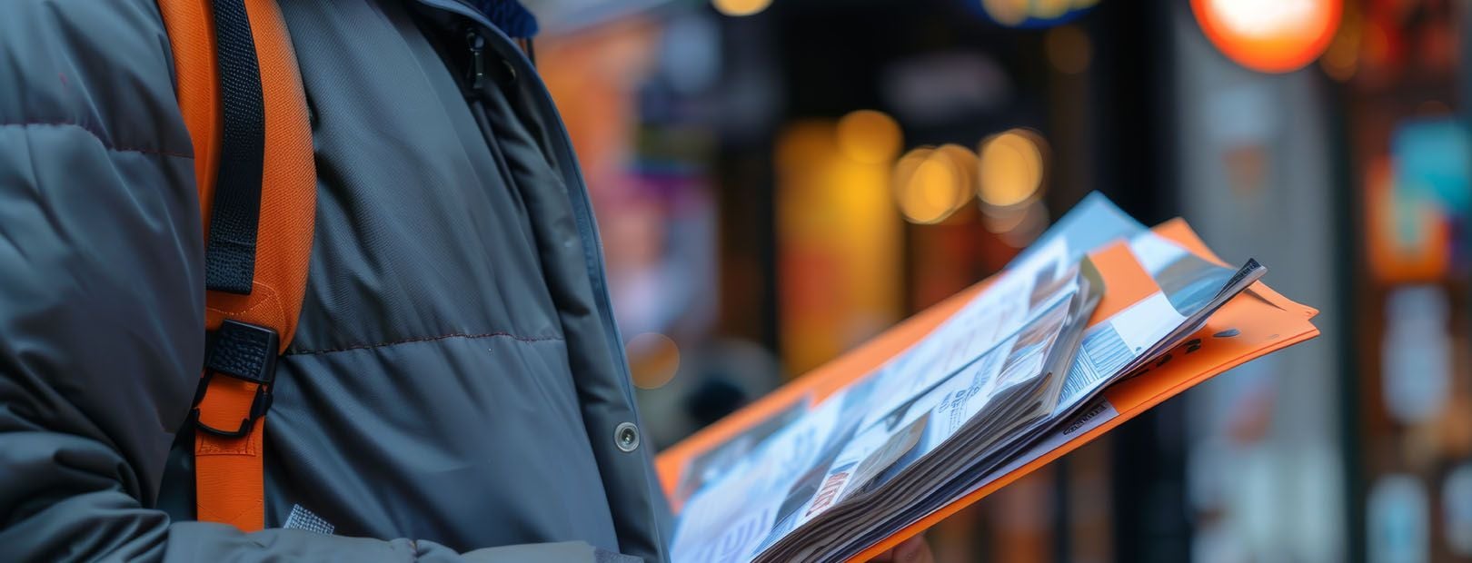 Person in winter jacket carrying stack of promotional flyers demonstrating traditional leaflet distribution and street marketing