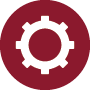 Red circular icon with a white cog symbol representing low minimum order quantities and flexible print volumes.