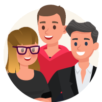 A circular icon featuring three people from the Aura Print team - a blonde woman with glasses, a man in red, and a dark-haired man in black, representing teamwork or community.