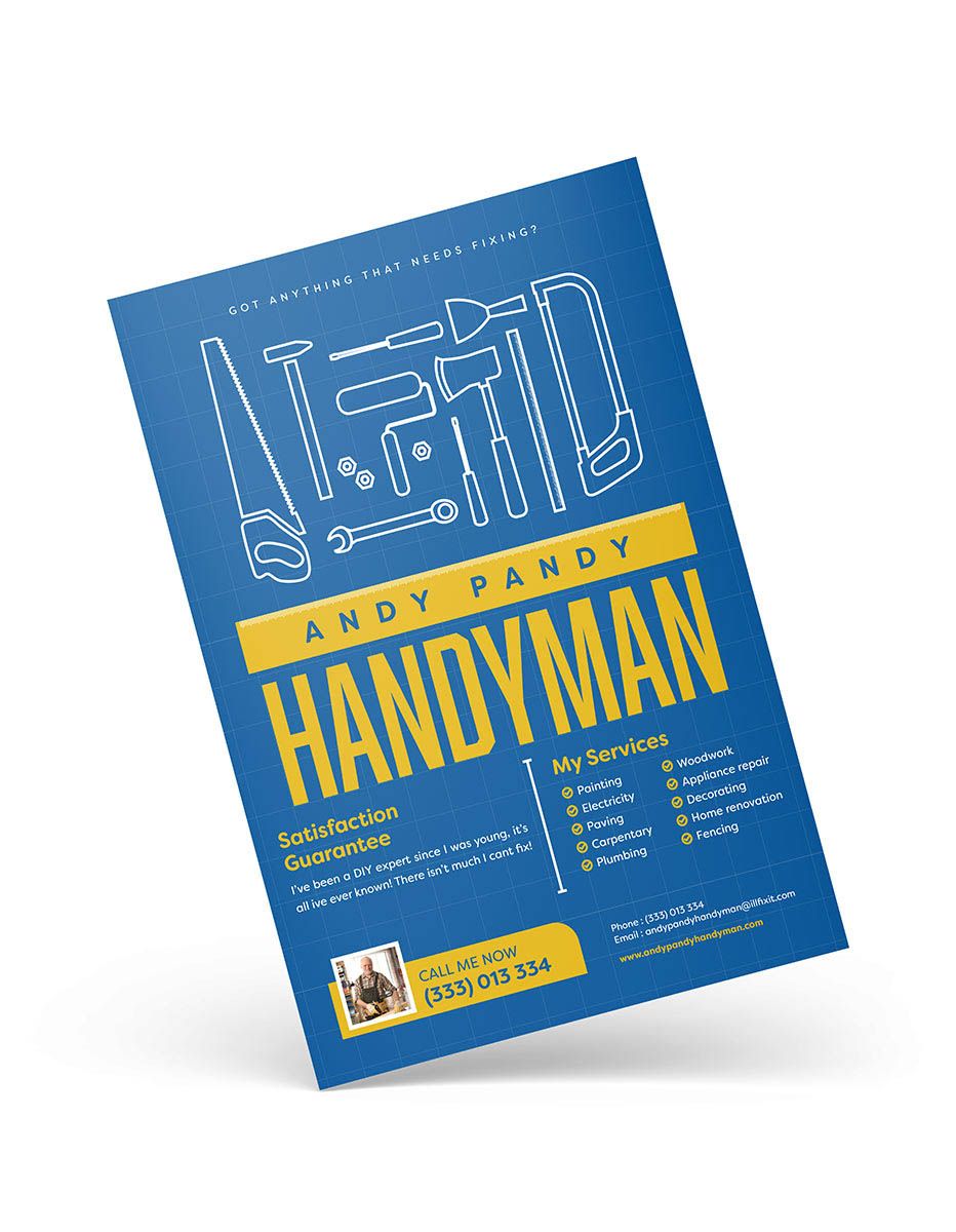 Blue handyman flyer with tool illustrations and home repair services including plumbing and electrical work