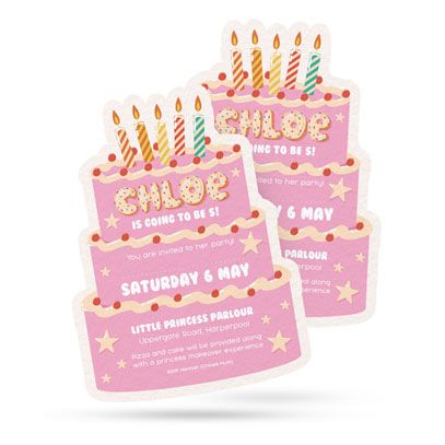 Die cut invitations - Birthday cake shaped die cut invitations with candles for children's party invitation printing services.