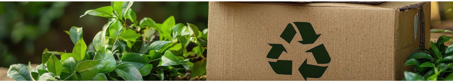 Recyclable cardboard box with green recycling symbol surrounded by natural plants and foliage
