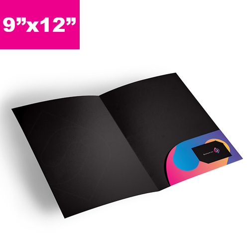 Black printed, branded folder pictured open with a colorful branded pocket