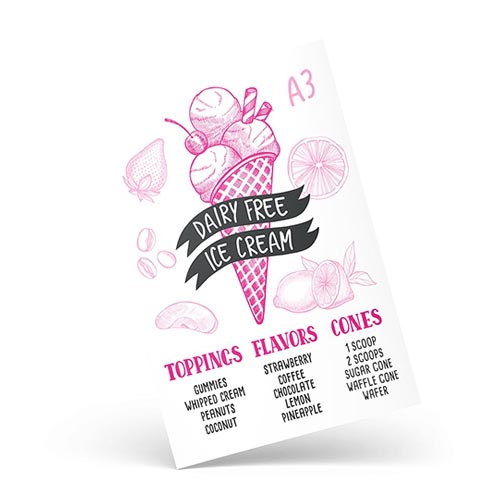 A3 ice cream menu featuring playful pink and black print, displaying a variety of delicious ice cream options.