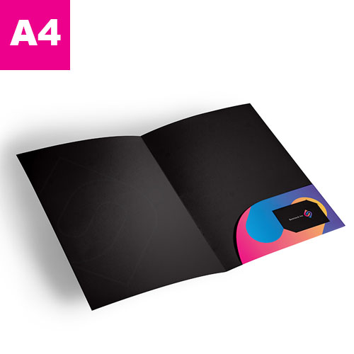 Black printed, branded folder pictured open with a colourful branded pocket