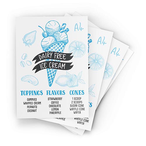 Three fanned A4 ice cream menus showcasing vibrant blue and black print with flavor descriptions.