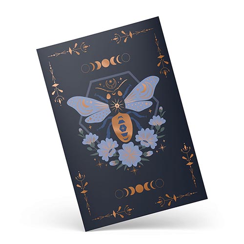 Beautiful artwork of a bee and celestial imagery with metallic copper borders and embellishments.