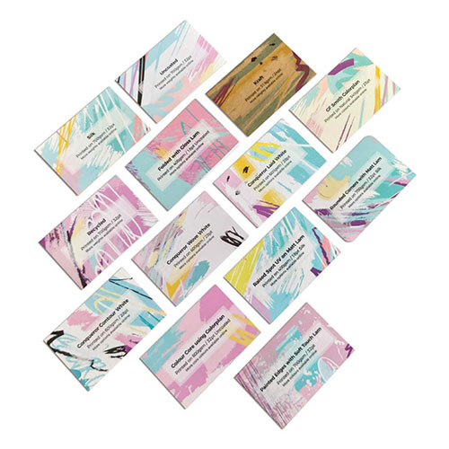 Tiled sample pack image showing 13 different business cards printed on different paper types