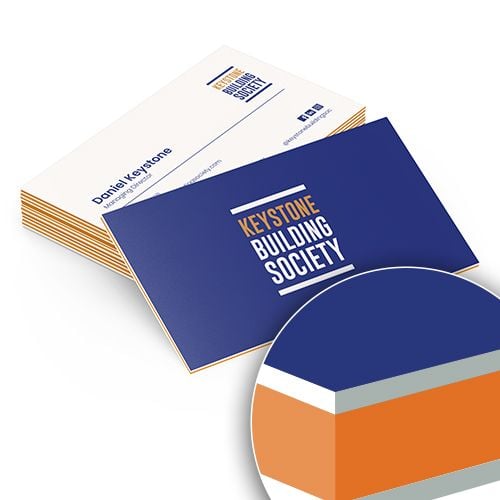 Blue printed business cards printed on triple thick, orange colorcore triplex stock using colorplan paper