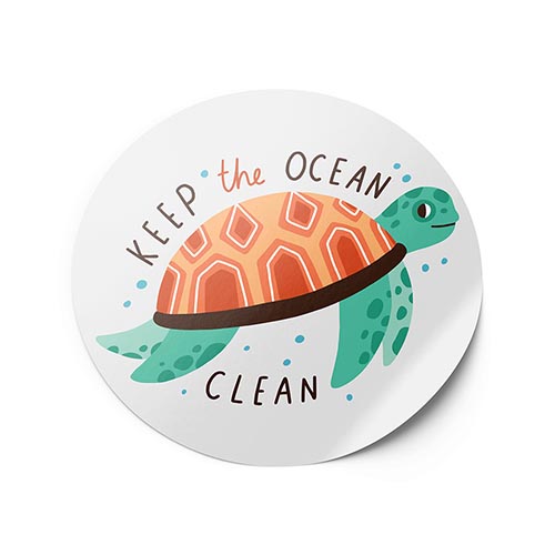 White circle sticker featuring a turtle and the message 'Keep the Ocean Clean'.