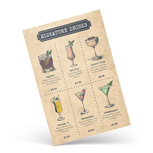 Tilted drinks menu featuring cocktails and descriptions, printed on premium stock.