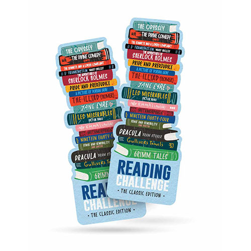 Bookstack-shaped die cut printed bookmarks