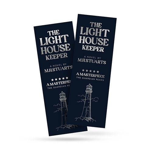 Metallic foil promotional bookmark for a book titled 'The Lighthouse Keeper' with metallic silver text and lighthouse illustrator