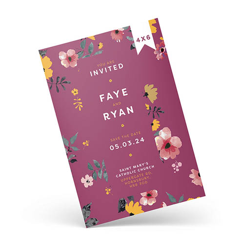 Purple 4x6" save the date invitation featuring a floral border design 