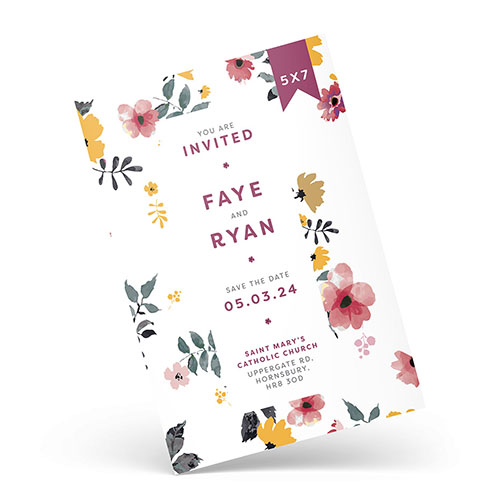 White 5x7" save the date invitation featuring a floral border design 