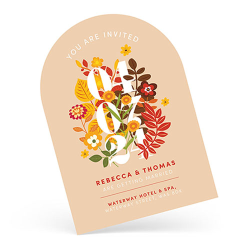 Baige arch shaped wedding invitation featuring an autumnal floral design