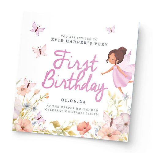 Square girl's first birthday invitation with a pastel colored floral, fairy design