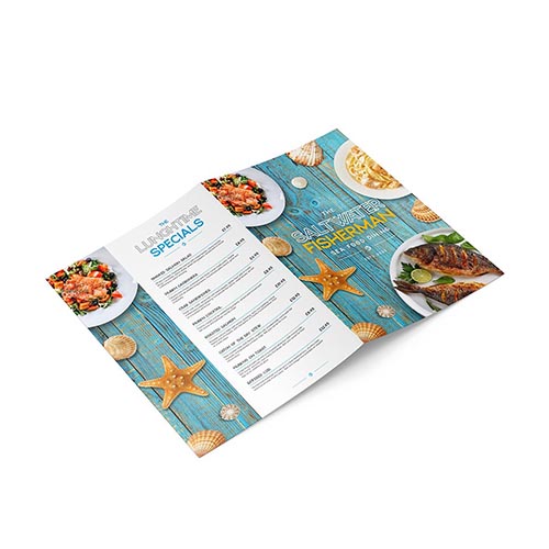 Open booklet menu showcasing front and back covers, featuring a beautifully designed seafood menu.