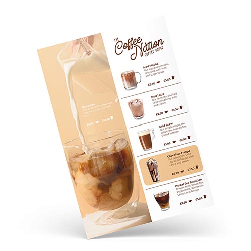 Printed coffee shop menu displaying a variety of eye-catching coffee options and descriptions.