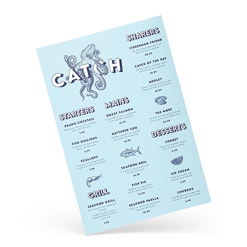 Tilted pale blue restaurant menu displaying a seafood selection.