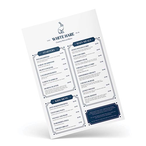 Blue and white printed menu for a country pub and bistro, showcasing a rustic design and menu items.