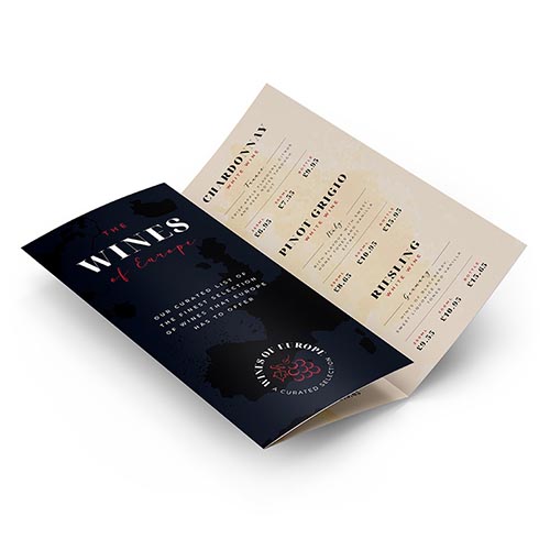 Premium printed wine menu, partially open, showcasing an elegant cover design and detailed wine list inside.