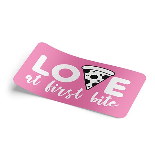 Pink rectangular sticker featuring the phrase 'Love at First Bite' with a slice of pizza replacing the 'V' in 'love'.