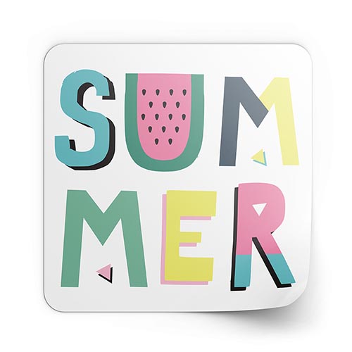 White square sticker displaying the word 'SUMMER' in vibrant, bold letters.