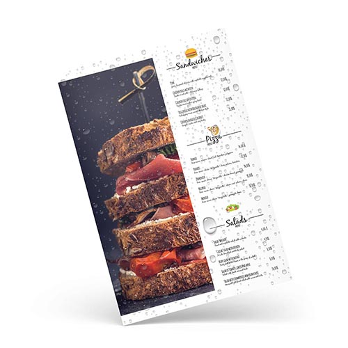 Waterproof Nevertear menu with rain splashes, showing a sandwich and options for pizza and salad.