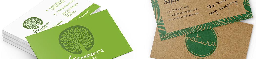 smooth recycled paper business cards with green ink