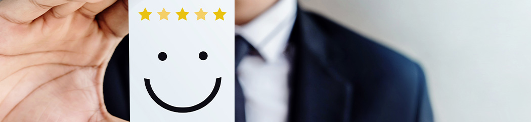 5 star review card with a smiley face