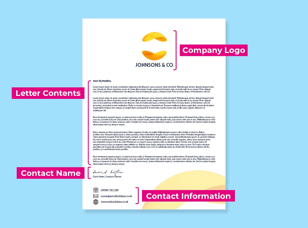 Letterhead example with company logo, contents, contact name and contact information highlighted