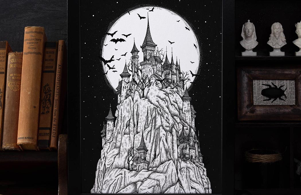 Illustrated castle with full moon and bats