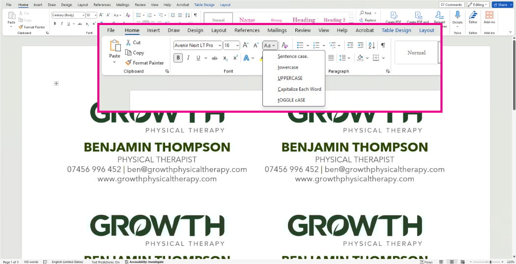 Microsoft Word Business Card Templates Changing The Sentence Case
