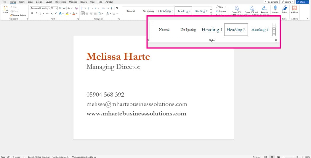 Microsoft Word Stylising Text