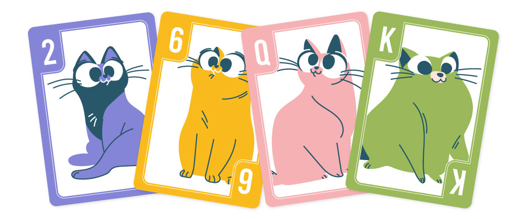 Final playing card designs. 4 cards in orange, green, purple, pink each with a unique vector cat and number in the corner