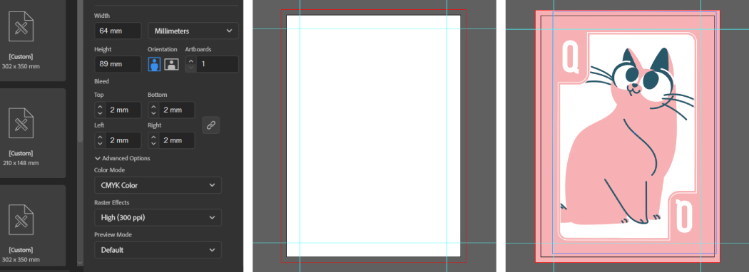 Guide showing above steps to set up playing card file in Illustrator and InDesign